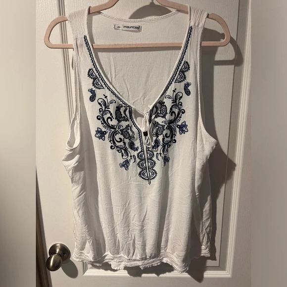 Maurice’s size 2 white tank top with blue embroidery. - Picture 1 of 7